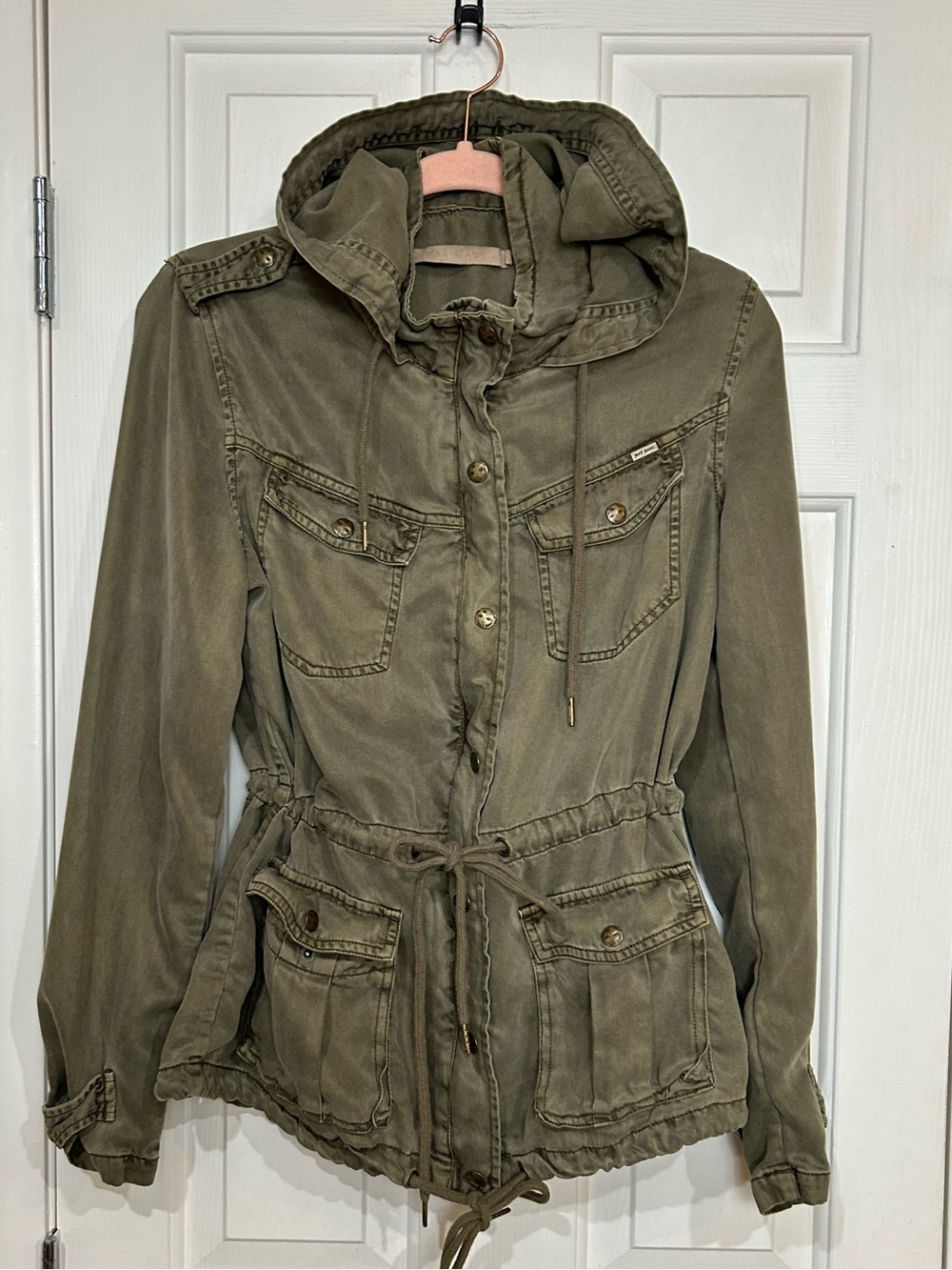 Max Jeans Tencel Utility Jacket with Drawstring Waist Hood Olive Green Medium